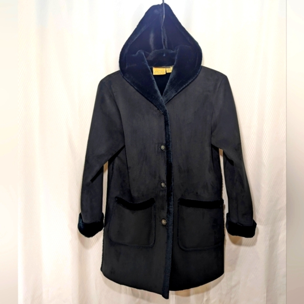 SJB Faux Suede Button-Front Coat with Faux Fur Trim & Hood, Black, Women's S